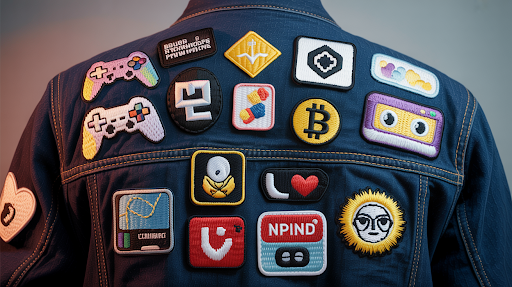 Various patches on a denim jacket, representing digital culture and social media trends