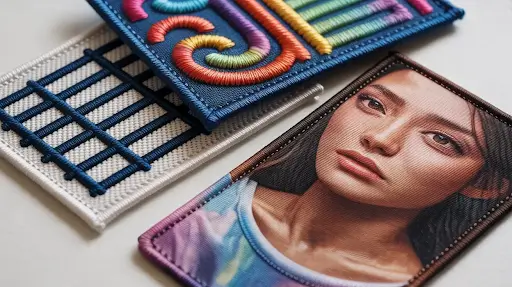 Embroidered, woven, and sublimated patches arranged on a white surface