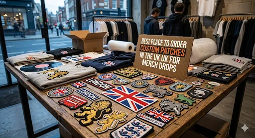 A visual of a shop with multiple patches placed on a wooden table.