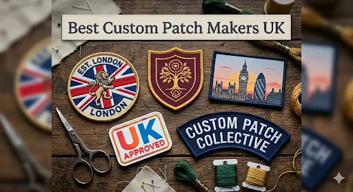 Multiple patches with other accessories placed on a wooden table.