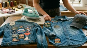 A man preparing a denim jacket for ironing patches on.