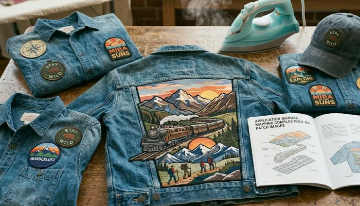 A number of iron on patches applied on denim.