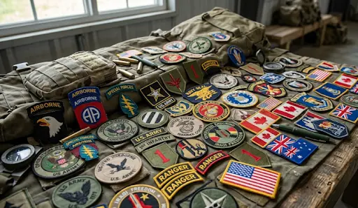 Military patches laid on a wooden table
