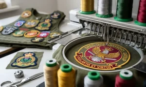 A UK military custom patch under production at a patch-making facility