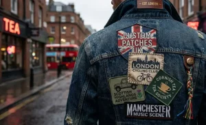 A man walking down a UK road wearing a denim jacket with custom patches