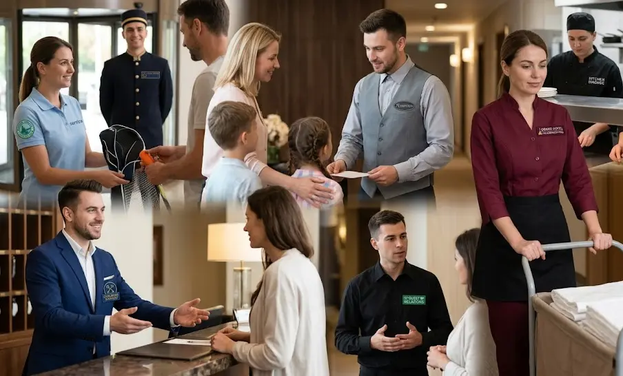 Hotel staff in the UK wearing custom iron-on patches