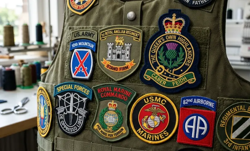 Military and regimental Velcro custom patches attached on a tactical vest